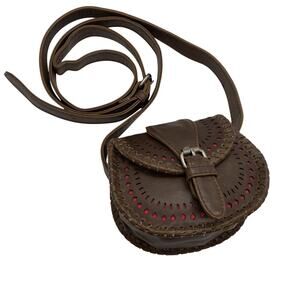 Aeropostale Mini Crossbody Purse Dark Brown Faux Leather Fuchsia Lining Pierced